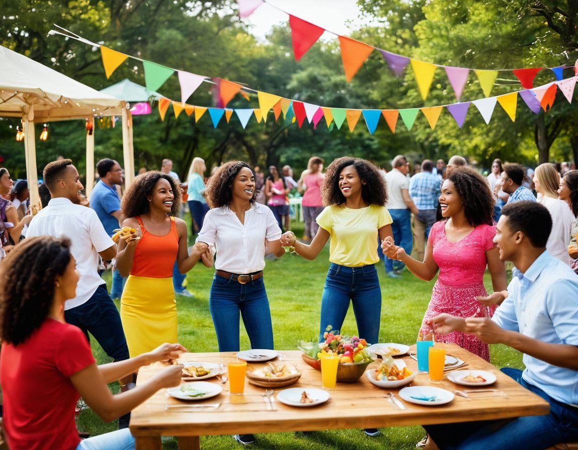 A lively scene showcasing diverse adults engaging in various group activities, such as dancing, dining, and playing games, in a vibrant outdoor setting. Include colorful banners and lively decor to reflect a festive atmosphere. Showcase a sense of connection and joy among individuals. Emphasize the idea of dynamic dating and social networking through engaging interactions. bright colors, 3D, vibrant atmosphere.