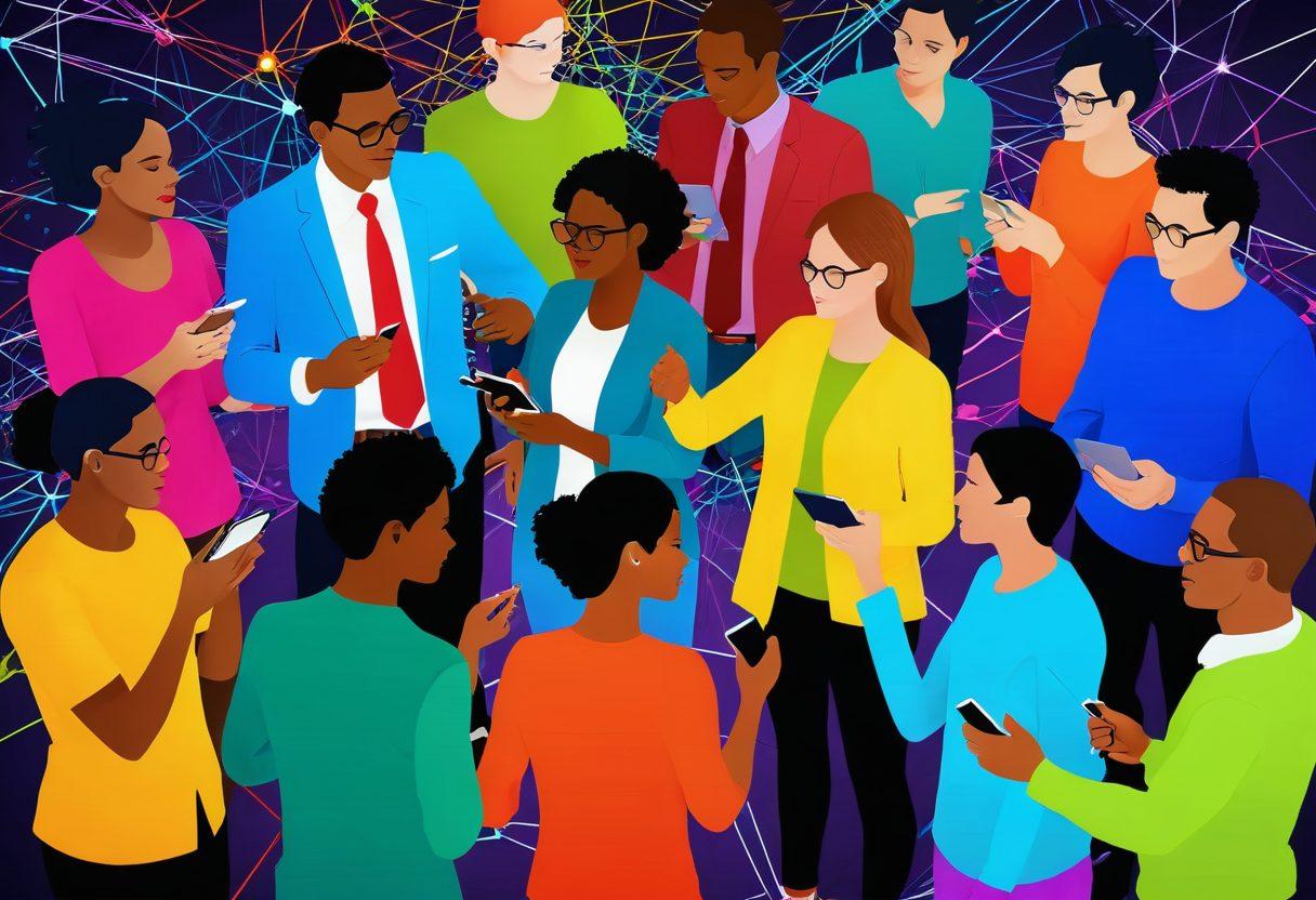 A dynamic and colorful scene of diverse adults engaged in lively discussions and networking, symbolizing connection. Include vibrant digital devices in their hands and a backdrop of interconnected lines representing networks. Bright colors to evoke energy and positivity in the atmosphere. super-realistic. vibrant colors. modern digital art.