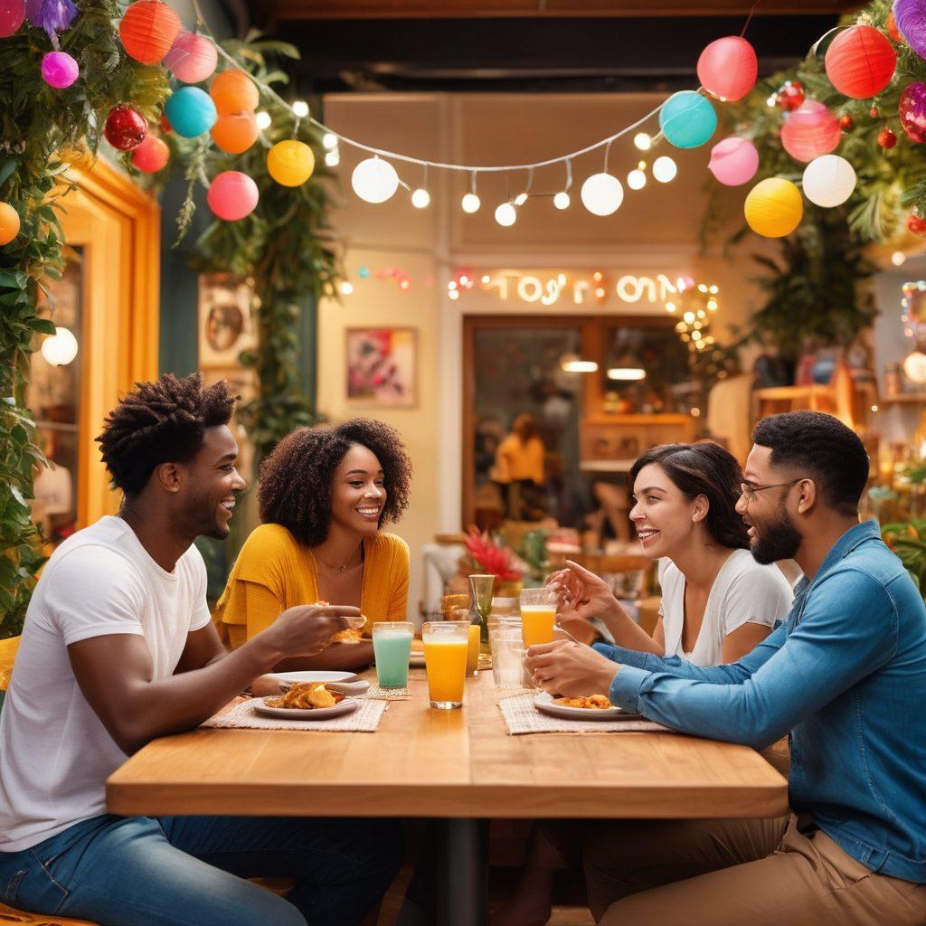 A vibrant and engaging scene depicting diverse adults interacting joyfully in a lively social setting, surrounded by colorful decorations and digital elements that represent various dating platforms. Include scenes of people chatting, laughing, and engaging in various activities like games, dining, and outdoor fun. Emphasize inclusivity and connection, with a modern touch reflecting online and real-life interactions. super-realistic. vibrant colors. dynamic composition.